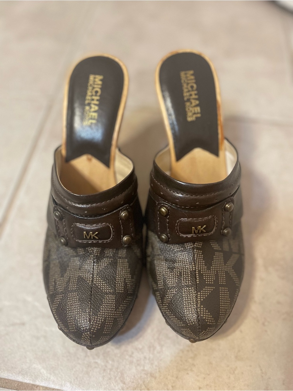 Michael Kors Dark Brown MK Logo Clog Mules with Brass Accents